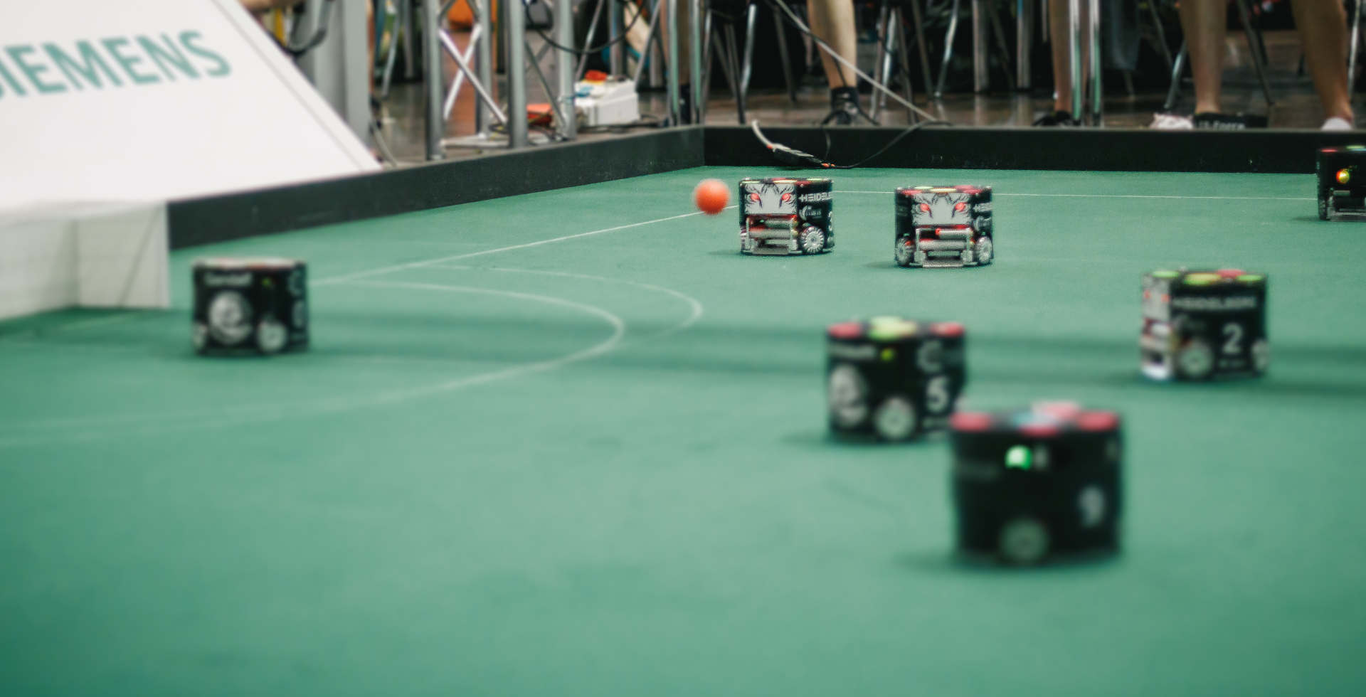 Photo of a Robocup SSL match